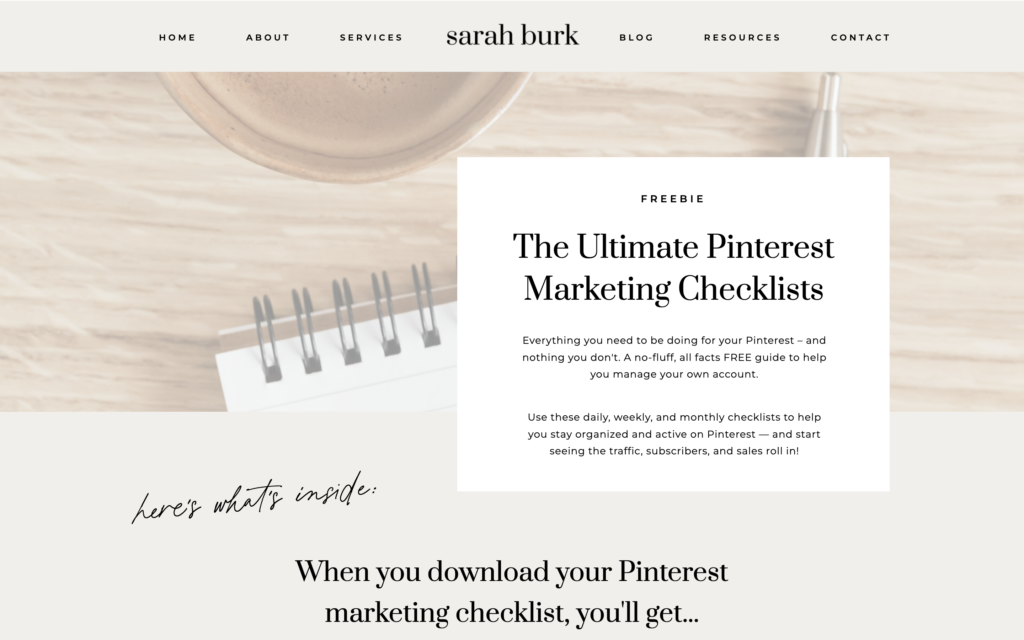 Example of lead magnet landing page for Sarah Burk's Pinterest checklist
