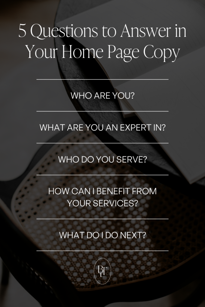 Fresh pin example of infographic for 5 Questions to Answer in Your Home Page Copy