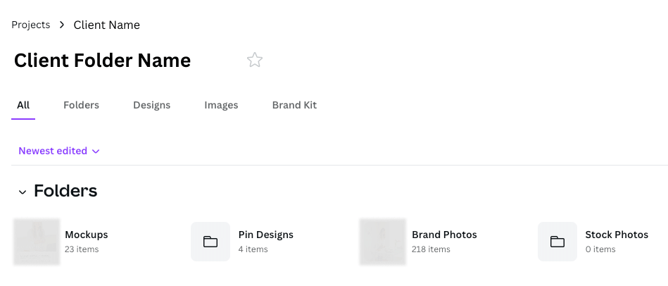 Screenshot of Canva folder with subfolders for mockups, pin designs, brand photos, and stock photos to share Pinterest management client organization system.