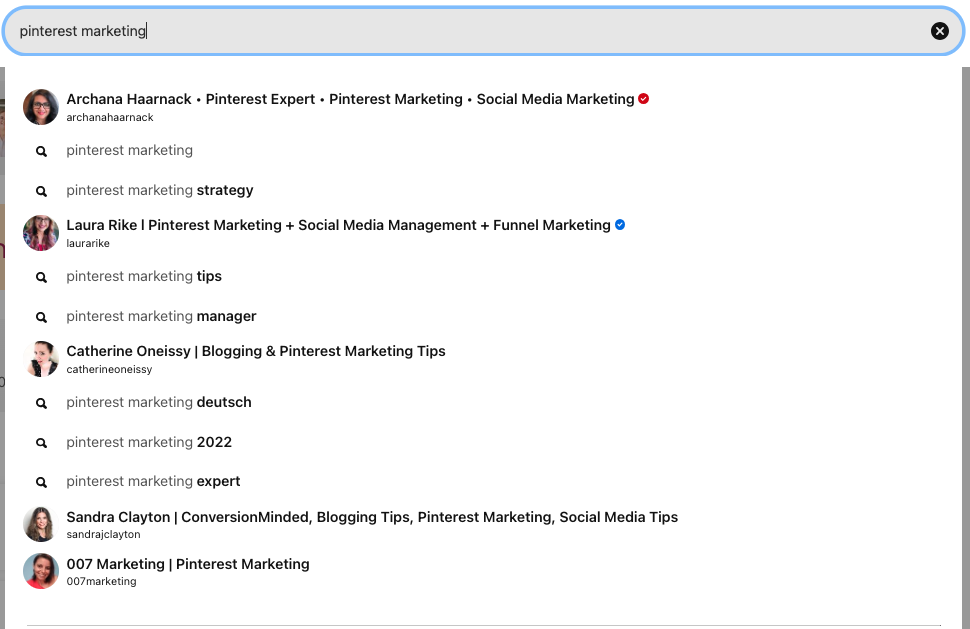 Screenshot showing Pinterest keyword search recommendations for the seed keyword "Pinterest marketing"