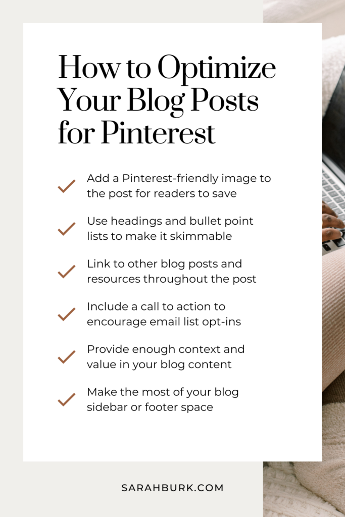 Checklist graphic of how to optimize your blog posts for Pinterest