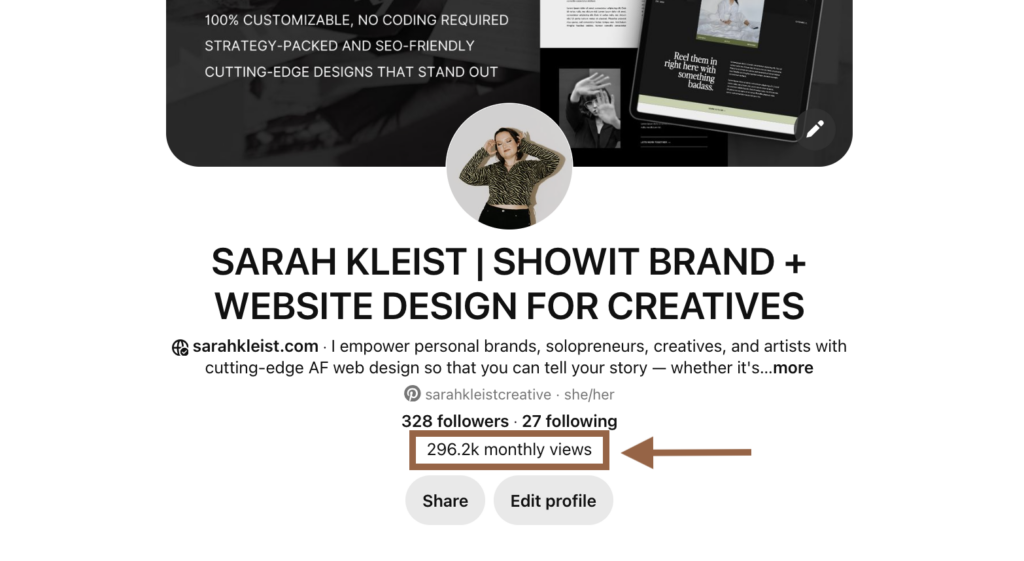 Screenshot of a Pinterest profile with an added box to highlight the location of the Pinterest monthly views metric