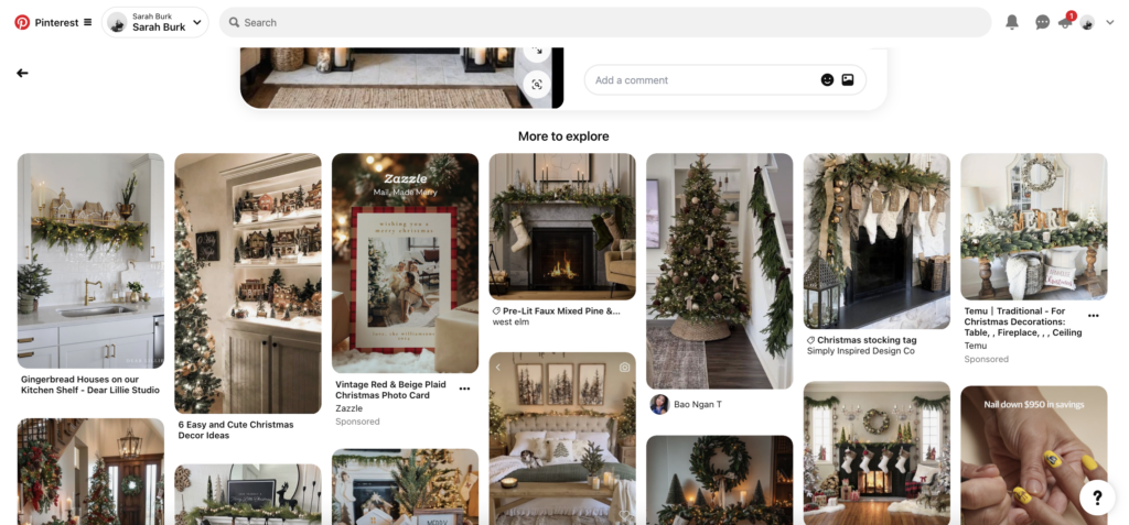 Suggested pins underneath a Christmas decor pin on Pinterest