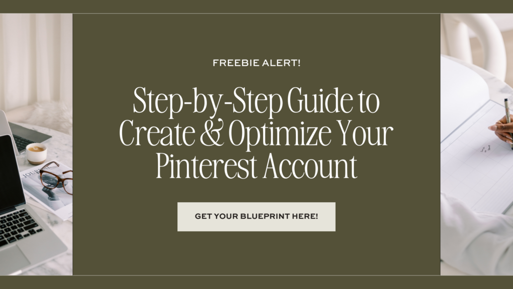 Promotional banner for a free guide on creating and optimizing a Pinterest account, with a workspace and planner in the background.