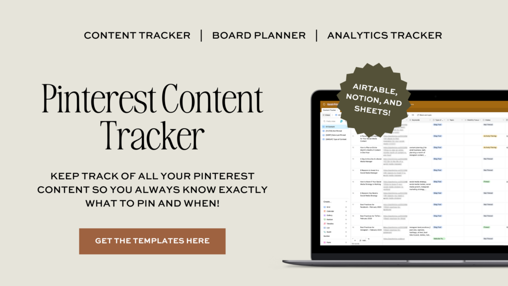 Graphic promoting a Pinterest Content Tracker with a laptop showing a content tracker template and a button to get the templates.